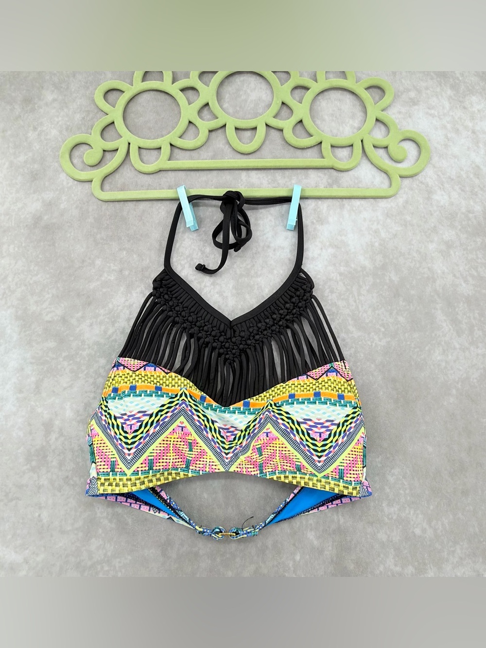 Hobie Black Fringe High-Neck Bikini Top with Multicolor Aztec Print